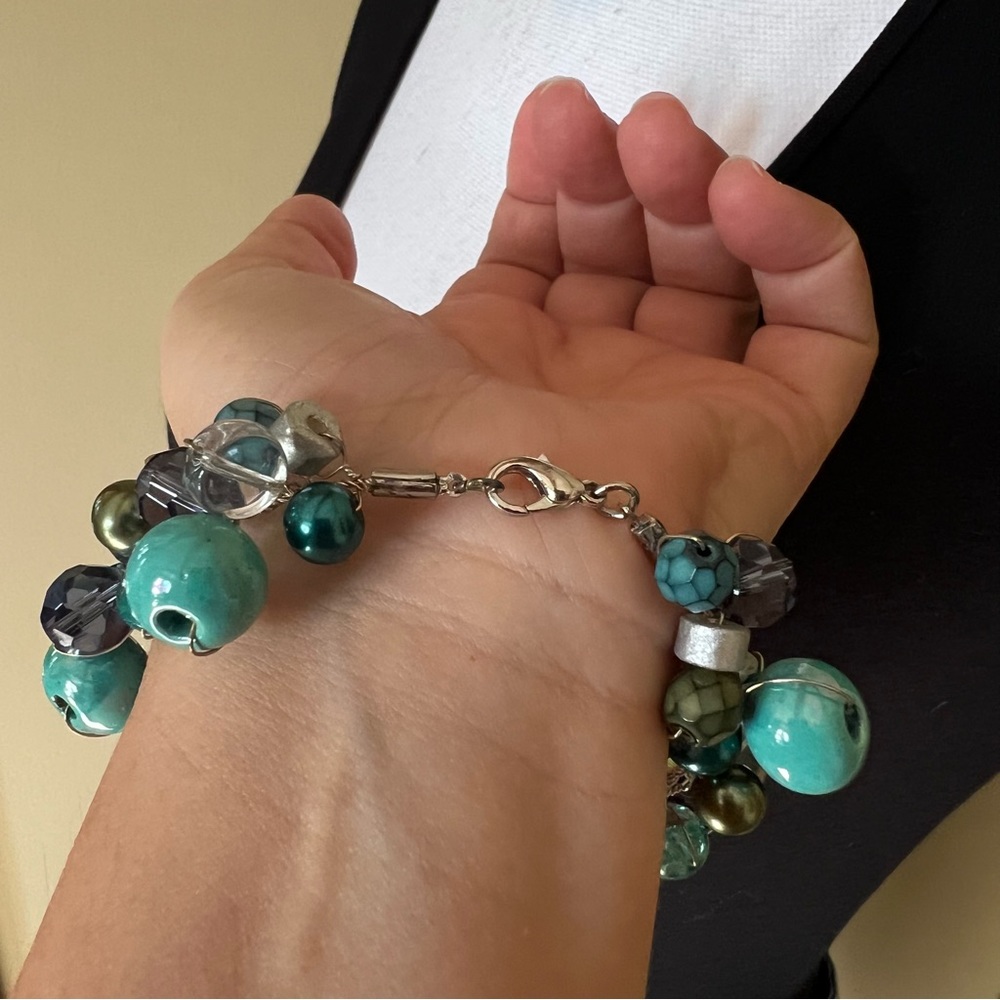 Turquoise Blue Ceramic Bead & Crystal Mixed Media Beaded Necklace Handmade NEW - Picture 8 of 17